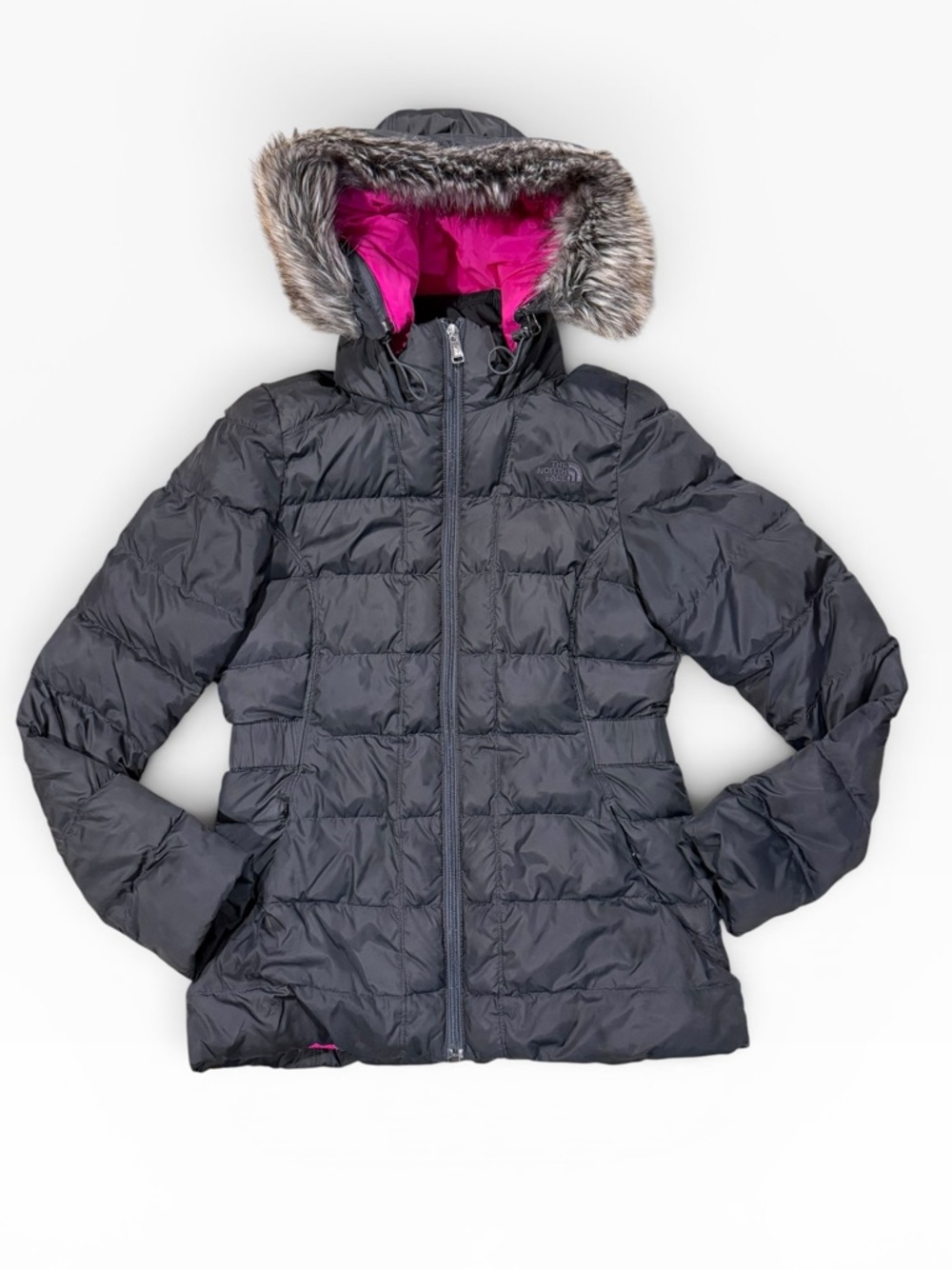 The North Face Women's Gray Puffer Jacket 550 Pink Lining and Faux Fur Hood - S - Picture 2 of 12